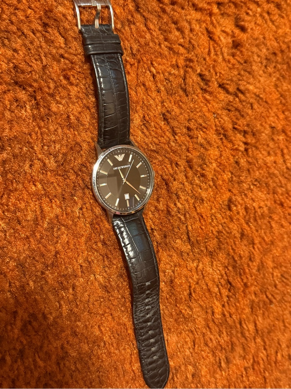 Emporio Armani Black Dial Silver-Tone Case Leather Strap Watch - Picture 3 of 4